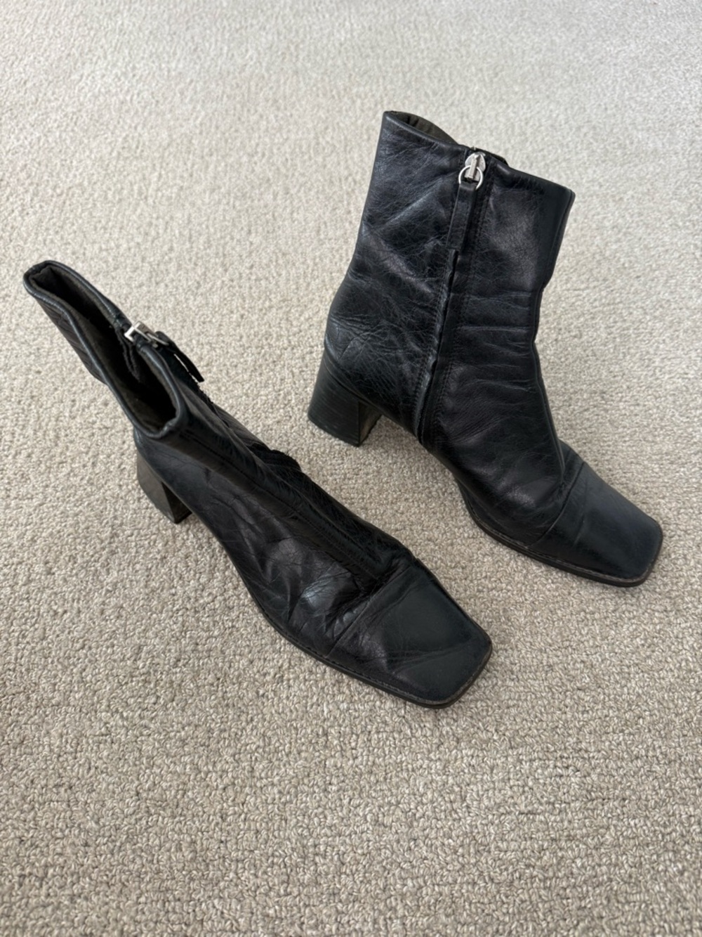 Black Leather Square-Toe Ankle Boots